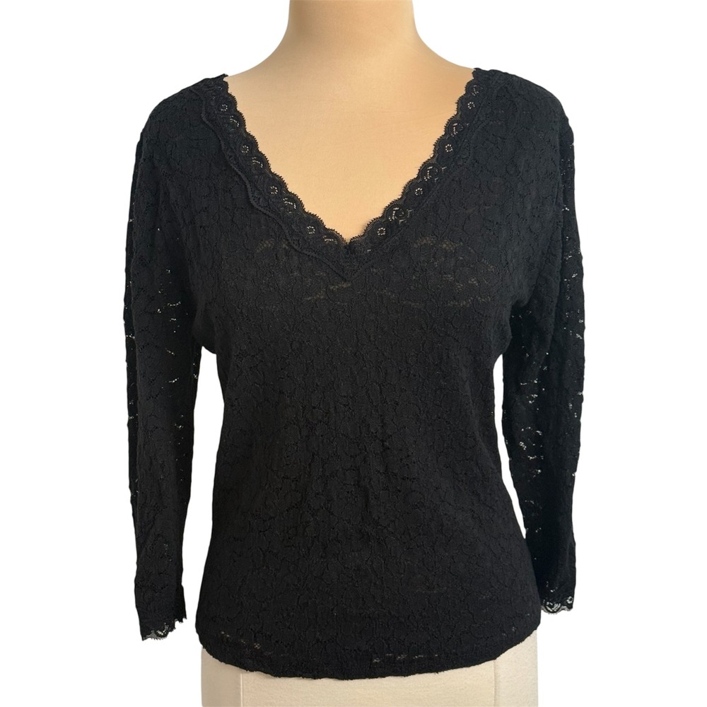 Ambiance 3/4 Sleeve Lace Overlay Scalloped V-Neckline Top